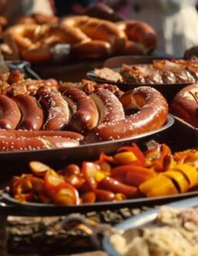 Oktoberfest-gerechten: bratwurst, pretzels en stoofschotel